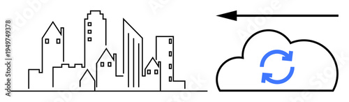 Cloud storage concept. Cloud transfer sync between city infrastructure and digital storage. Cloud ensures smooth data backup. Ideal for urban planning, data security, IoT, smart cities, technology