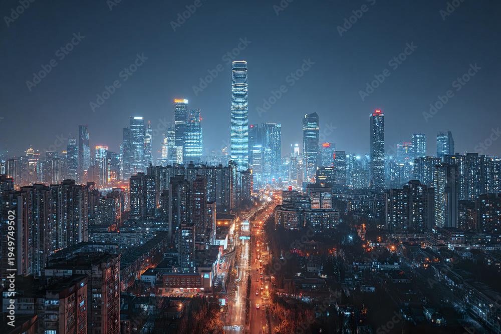 Obraz premium Downtown skyline at night with glowing skyscraper lights and busy city street illuminated by streetlights creating vibrant urban atmosphere full of energy and life