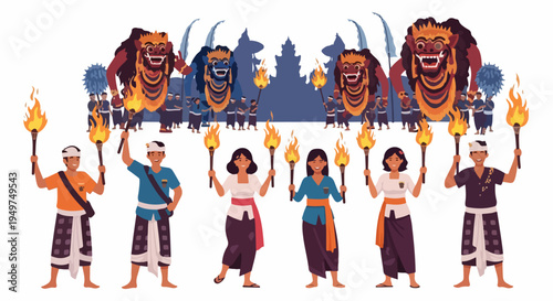Vector illustration of Balinese people holding torches during the traditional Ogoh-ogoh parade festival in Bali, Indonesia.