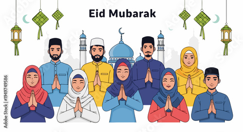 Eid Mubarak Greeting Card Featuring a Group of Diverse Muslim People in Traditional Attire with a Mosque and Decorations in the Background.