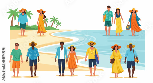 Diverse group of people in summer outfits walking along a tropical beach with palm trees and blue ocean water.