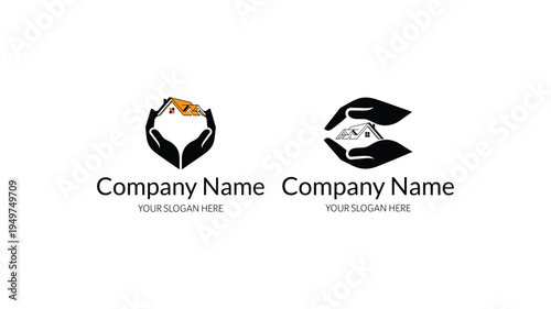 Two stylized hand logos, one with an abstract house shape and the other with a gem shape, both signifying care and protection, isolated on transparent background