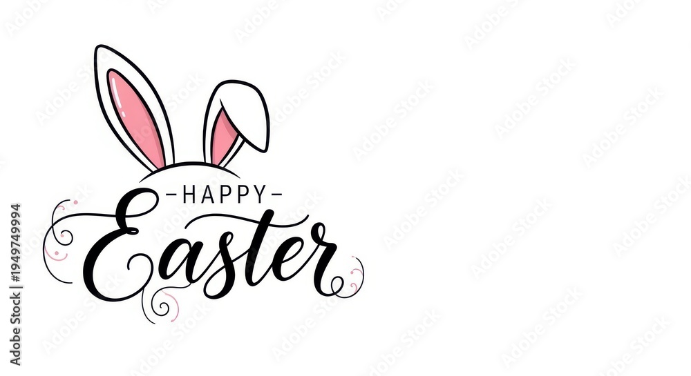 Obraz premium Easter bunny ears with happy easter text in elegant black cursive font on white background