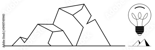Innovation, creativity, progress, brainstorming, energy, geometric design. Geometric mountain with light bulb. Innovation and creativity concept portraying progress and ideas