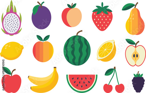 Flat fruit vector icon set with dragon fruit, watermelon, strawberry, banana, apple, and cherry for design