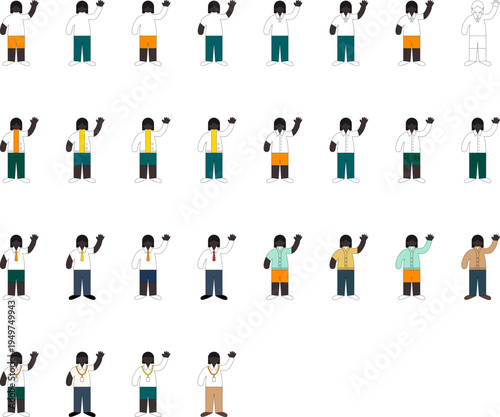 Black Woman Waving Hand Collection, Vector Flat Character Set with Various Outfits and Office Wear