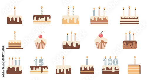 Variety of celebratory cakes and cupcakes, with candles shown from different viewpoints on a clean white background, vector illustrations perfect for birthdays, parties, and festive designs.