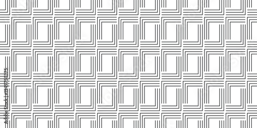 Minimalist geometric pattern with black linear L-shapes. Perfect for modern textile design, stylish t-shirt prints, wallpaper, home decor, and chic stationery backgrounds. Seamless vector art.
