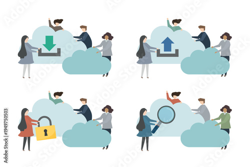 Cloud technology teamwork illustration vector set