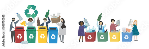 Diverse people recycling together vector set