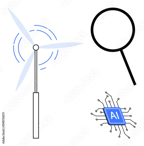 Renewable energy, artificial intelligence, technology advancement, data analysis, innovation, and clean energy. Wind turbine, AI chip magnifying glass. Renewable energy and artificial intelligence