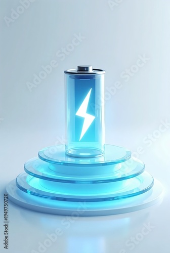 Wallpaper Mural Luminous blue battery sits centered on a tiered glass pedestal in a bright studio, vertical composition. The glowing lightning bolt indicates efficient power and fast charging. Torontodigital.ca