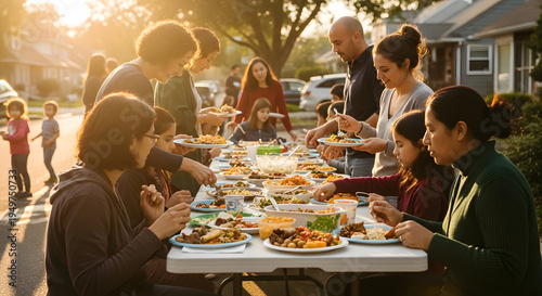 A long table filled with various dishes and many people of different ages eating together on a residential street during a golden sunset