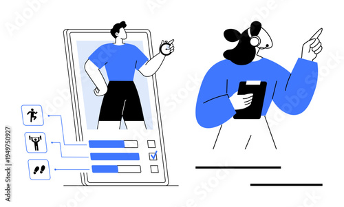 Fitness tracking, mobile app usage, virtual coaching, health monitoring, sports programs, technology-driven workouts. Digital interface workout stats. Fitness tracking and mobile app usage concept