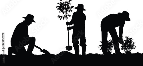 Silhouette gardening teamwork planting trees, outdoor horticulture labor, environmental stewardship, sustainable agriculture, people working together, nature conservation, eco-friendly lifestyle