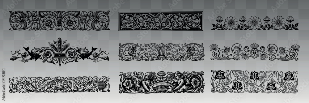 Fototapeta premium Ornate floral decorative borders element vector set