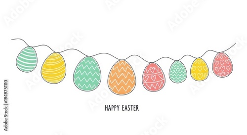 Isolated on white background easter eggs garland with happy easter text in a colorful and festive illustration