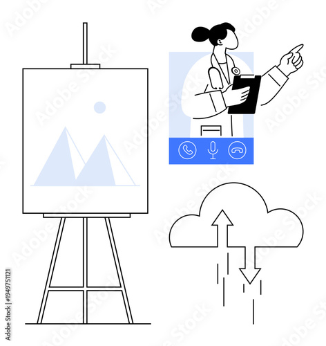 Digital collaboration concept. Cloud storage improves digital teamwork with file sharing. Digital collaboration via video calls and creative tools for communication, education, business, technology