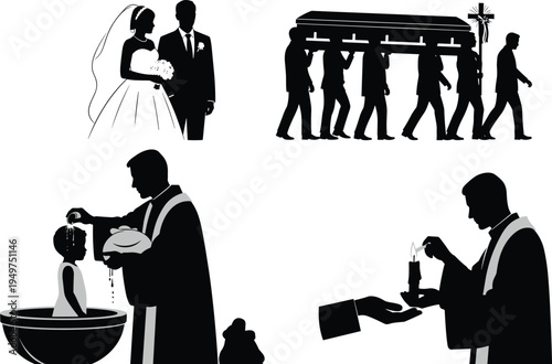 Wedding funeral baptism religious ceremony illustration, life milestone artwork, priest ritual vector design, cultural tradition artwork, spiritual event silhouette drawing