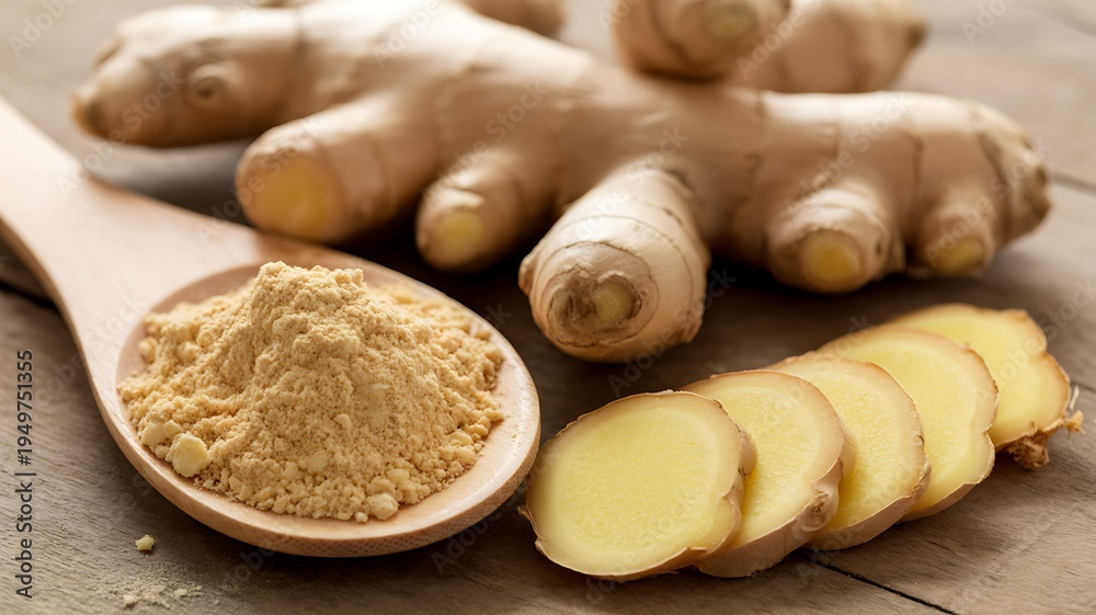 Fototapeta premium Ginger root powder on wooden spoon with slices and roots
