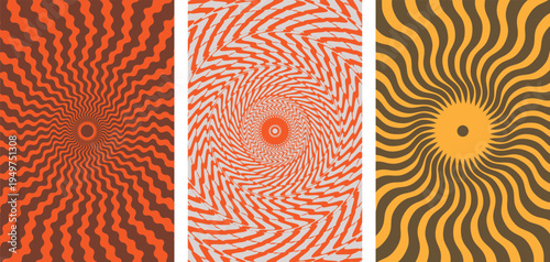 Three Abstract Optical Illusion Backgrounds with Swirling Radial Patterns in Warm Tones