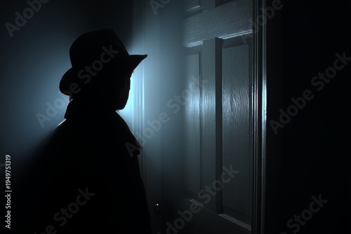 The silhouette of a person wearing a fedora hat is cast against a door in a dark room. A sliver of light illuminates the edge of the figure and the doorframe.