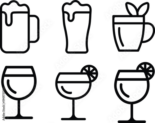 Collection of Six Stylized Drink Icons: Beer, Wine, and Cocktails