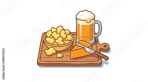A still life illustration of a beer, cheese, and crisps on a wooden board indoors