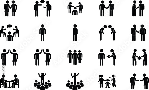 A collection of black silhouette icons depicting various human social interactions and relationships