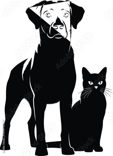 WebDog and cat silhouette together, domestic pet companions isolated on white background, black animal vector illustration representing friendship between household pets for design