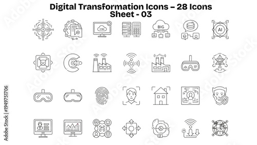 Modern Digital Transformation Outline Icons – Technology, Internet, Data, Automation
