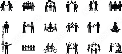 A comprehensive collection of black silhouette icons depicting various human social interactions