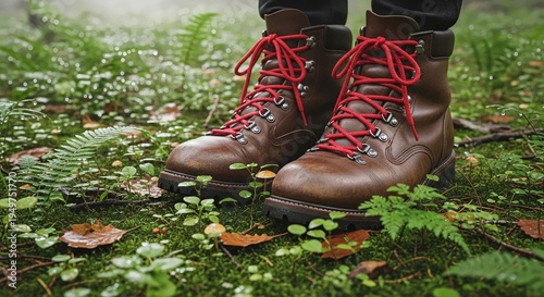 A pair of brown hiking boots with red laces on a mossy forest floor