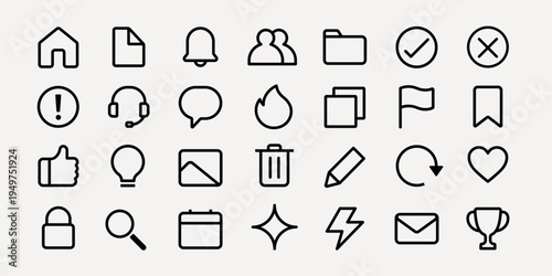 A set of 30 minimalist black line icons on a light background. Icons include home, folder, chat, and more. Perfect for web design, apps, and user interfaces. User interface icons, UI icon vector set.