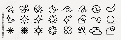 Minimalist black line icons featuring abstract shapes, stars, and clouds. Abstract shapes and stars in simple, clean designs. Clouds and stars in minimalist style. User interface icons, vector set.