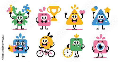Cute abstract kid character vector collection, happy geometric figures with symbols like heart, puzzle, trophy, magnifying glass, and bicycle, flat childlike doodle style for educational 