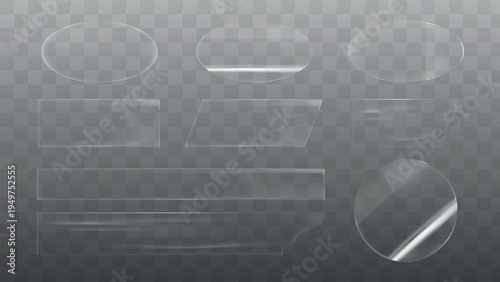 Transparent glass shapes on a checkered background. Glass shapes include circles, rectangles, and ovals. Glass texture and transparency are key features. Sticker element vector set.