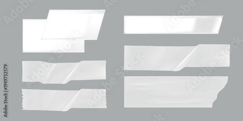 Set of transparent adhesive tape strips on a gray background. Various shapes of tape strips. Tape strips for design. Tape strips for decoration. Sticker and tape element vector set.