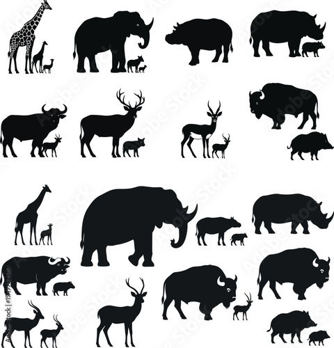 A collection of black silhouettes featuring various african wild animals and their young offspring