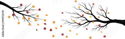 A minimalist illustration of two black tree branches with colorful falling leaves on white background