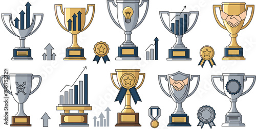 Business achievement trophy icon set with success growth charts award cup leadership partnership illustration collection