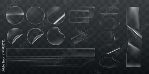 Set of transparent glass shapes, including circles, ovals, and rectangles. Glass shapes on a dark background. Perfect for design projects needing glass effects. Sticker element vector set.