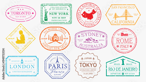 Colorful travel stamps featuring cities like New York, Tokyo, Paris, and Sydney. Stamps include iconic landmarks and dates, perfect for travel-themed designs. Colorful travel stamps, vector set.