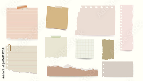 Collection of torn paper notes in various shapes and sizes. Torn paper with lined, grid, and plain designs. Notes with tape and paperclip details. Stationery element vector set.
