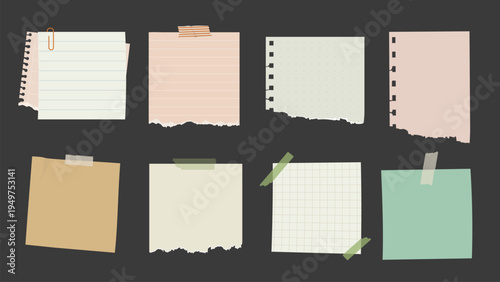Collection of torn paper notes in various shapes and sizes. Torn paper with lined, grid, and plain designs. Notes with tape and paperclip details. Stationery element vector set.