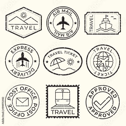 Colorful travel stamps featuring cities like New York, Tokyo, Paris, and Sydney. Stamps include iconic landmarks and dates, perfect for travel-themed designs. Colorful travel stamps, vector set.