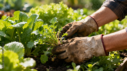 Weeding in the garden. Removing weeds with gloves