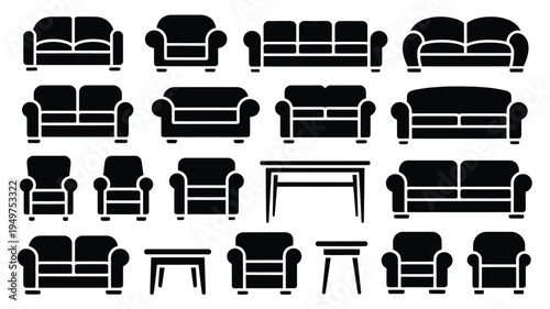 Collection of black silhouette furniture icons including sofas armchairs and coffee tables on white background for design and decoration