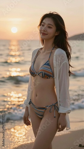 Wallpaper Mural Woman enjoying a peaceful beach walk in summer  Torontodigital.ca