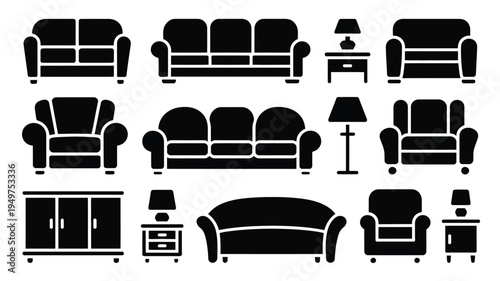 Collection of black silhouette furniture icons including sofas armchairs lamps and cabinets on white background for design and decoration purposes